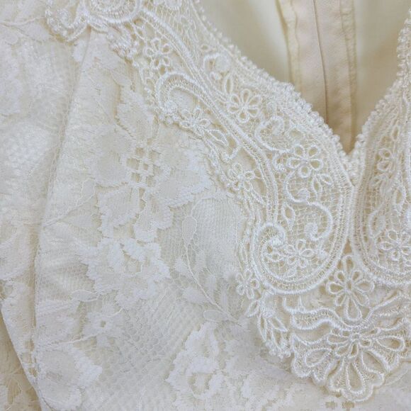 Vintage 80s Off Shoulder Full Maxi Dress M Vanilla Lace Bodice Prom Wedding - Picture 2 of 11